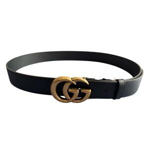GG Marmot Wide Belt Gucci Black Leather  Antiqued Brass Buckle Double G